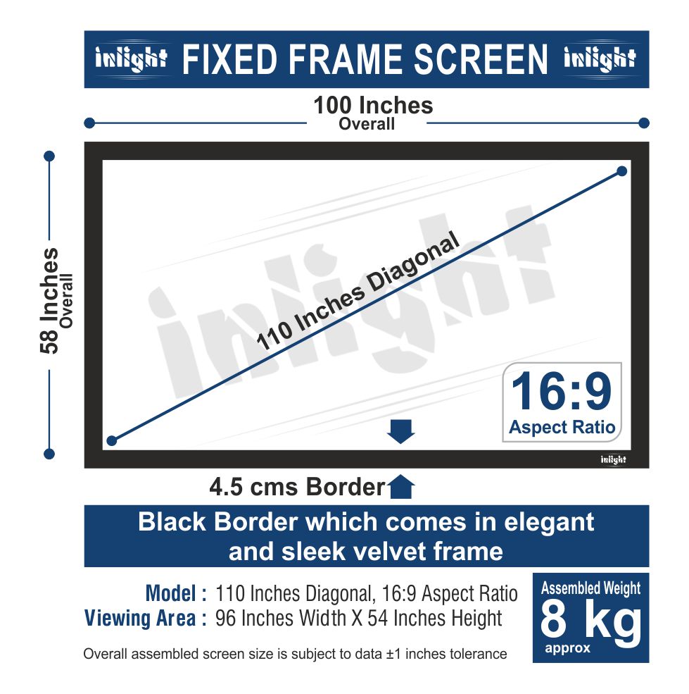 Inlight Fixed Frame Projector Screen (16:9 Format) Supports 1080P-4K in Matte White Fabric.